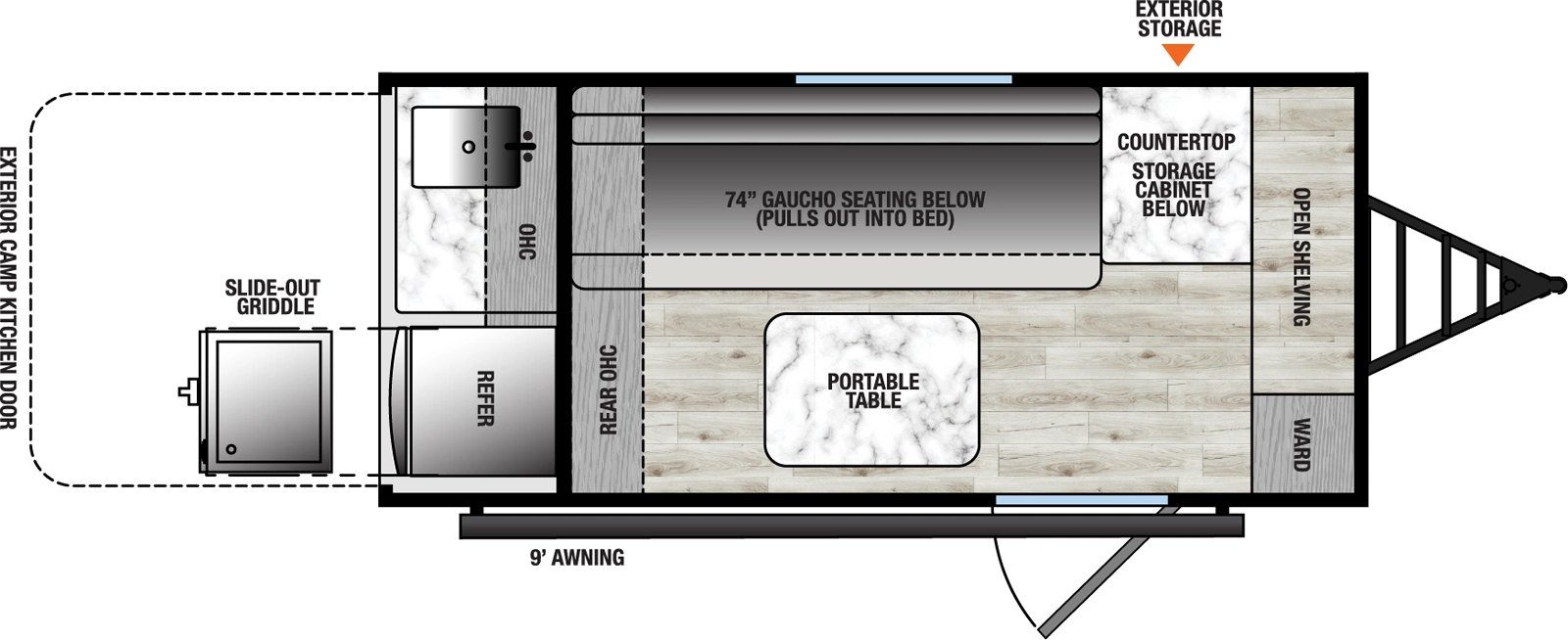 The Clipper 9000 Series & 12000 Series 9000ROK floorplan has one entry and zero slide outs. Exterior features include: metal exterior, 9' awning and outside kitchen. 